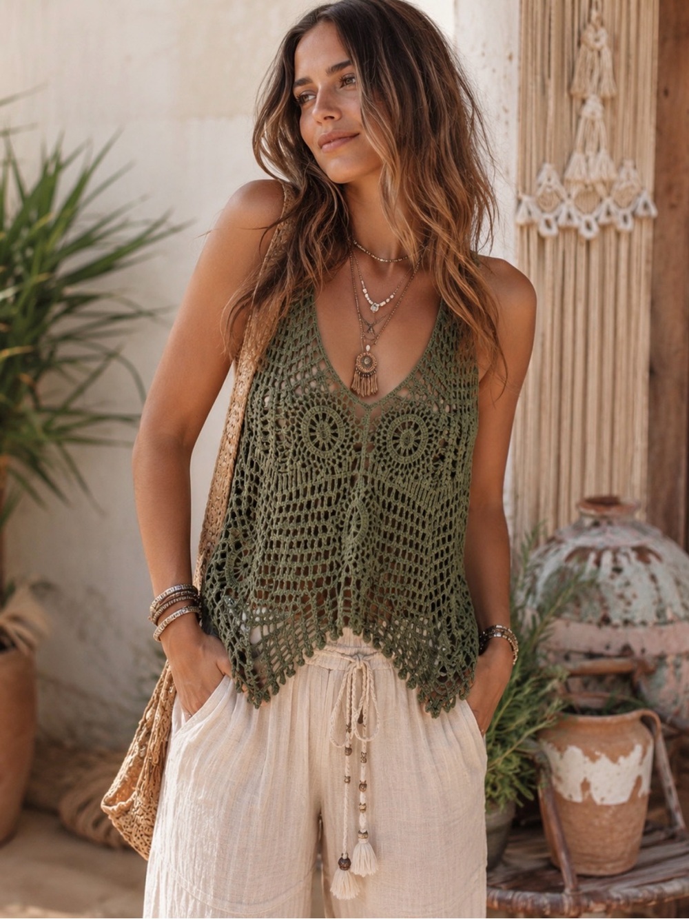 NWT Jaded Gypsy Olive Boho Crochet Knit Tank One Size